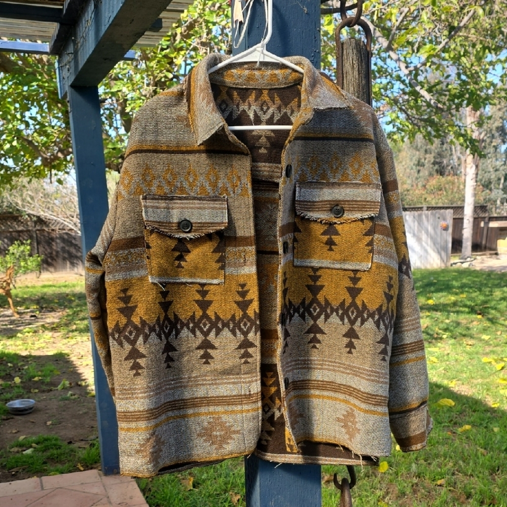 LA MIEL AZTEC SHACKET Southwestern Brown, Tan And Mustard Patterned Shacket